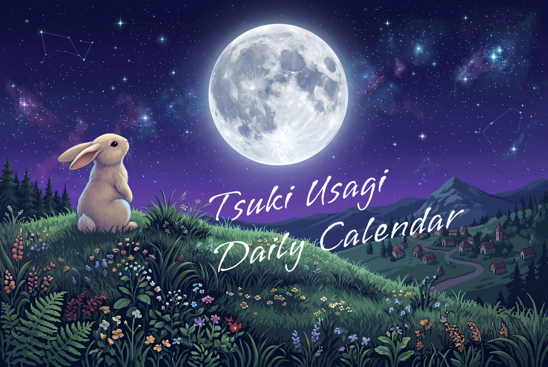 満月を見上げる白うさぎと夜の里山。Tsuki Usagi Daily Calendar